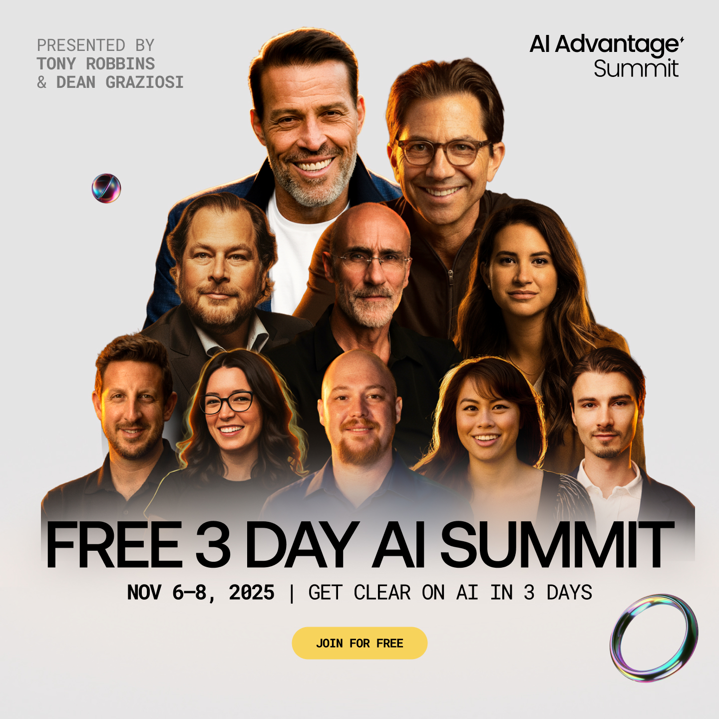 Affiche officielle de l'AI Advantage Summit avec Tony Robbins et Dean Graziosi.