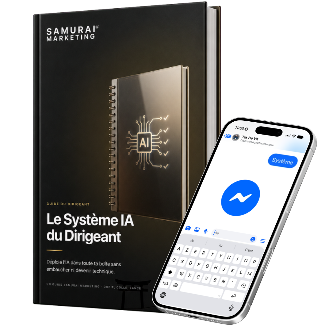 Le guide Le Système IA du Dirigeant et un iPhone ouvert sur une conversation Messenger avec le mot Système.