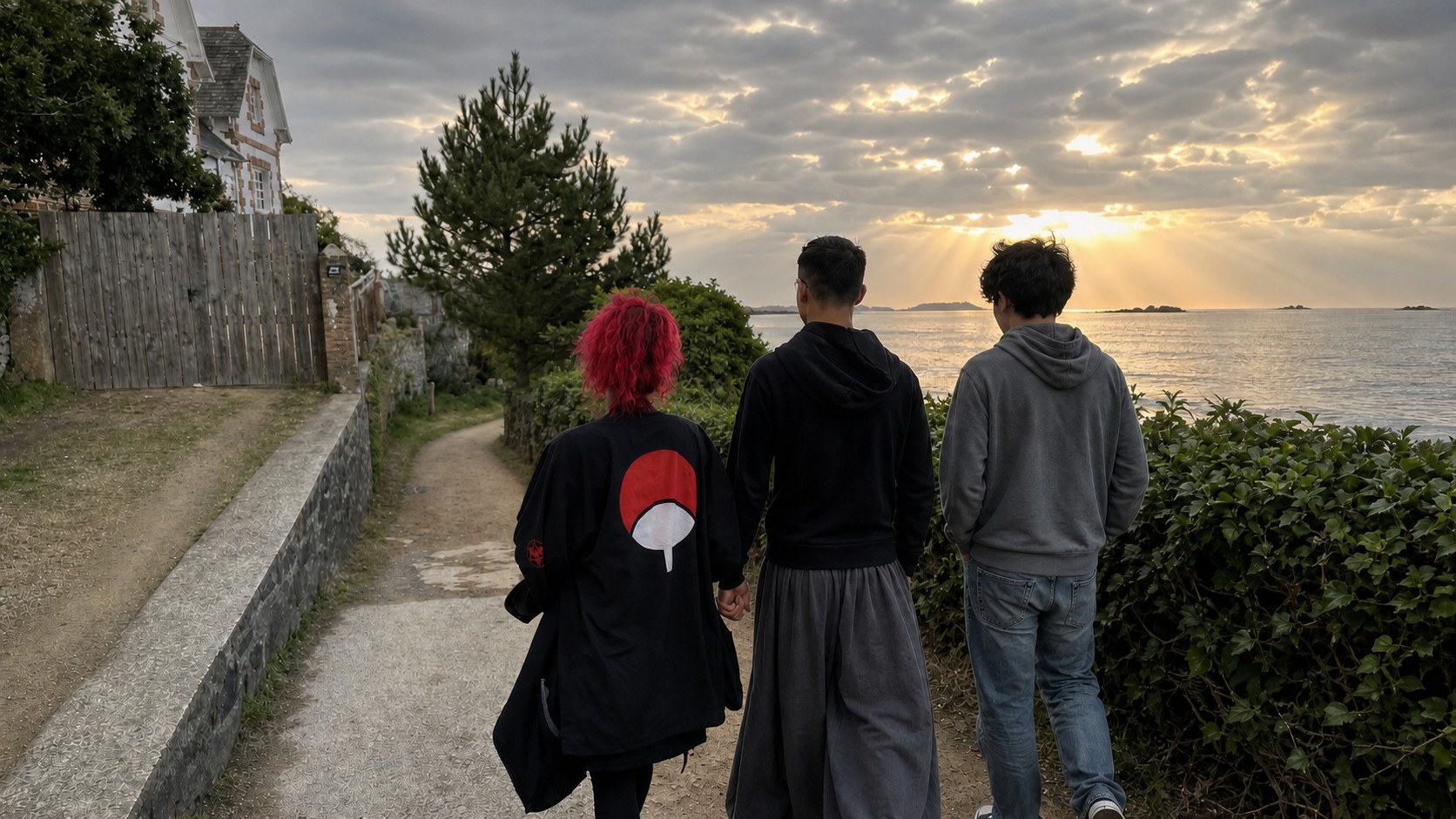 Tex et ses deux enfants, de dos, marchant sur un chemin c&ocirc;tier en Bretagne au coucher du soleil.