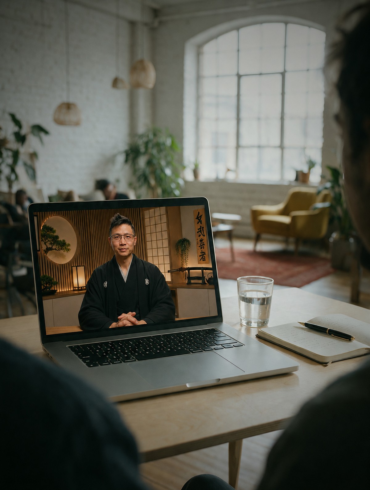 Un MacBook ouvert sur une table d\'open space lumineux, Tex en kimono en visio sur l\'écran.