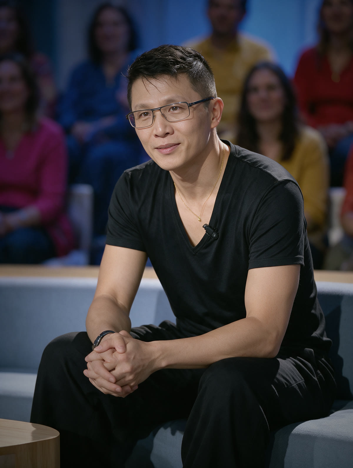 Tex sur un plateau de télévision, assis, écoutant, le public en arrière-plan.